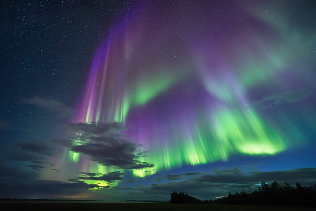 The northern lights dance overhead during a Face The Outdoors Northern Light tour from Fairbanks, Alaska with purple and green curtains over the landscape.