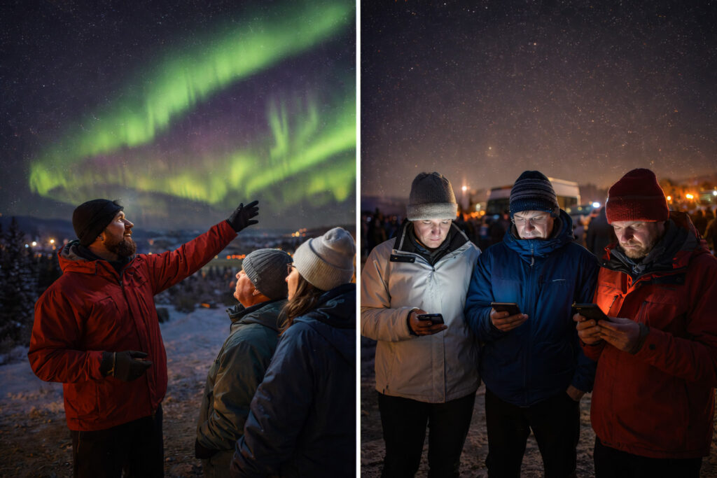 Professional aurora guide explaining northern lights features to guests compared to confused tourists looking at phones without guidance
