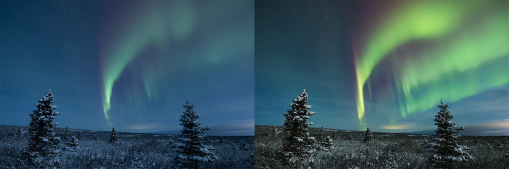 Split comparison image showing subtle faint aurora that's difficult to detect versus intense bright northern lights display over Alaska