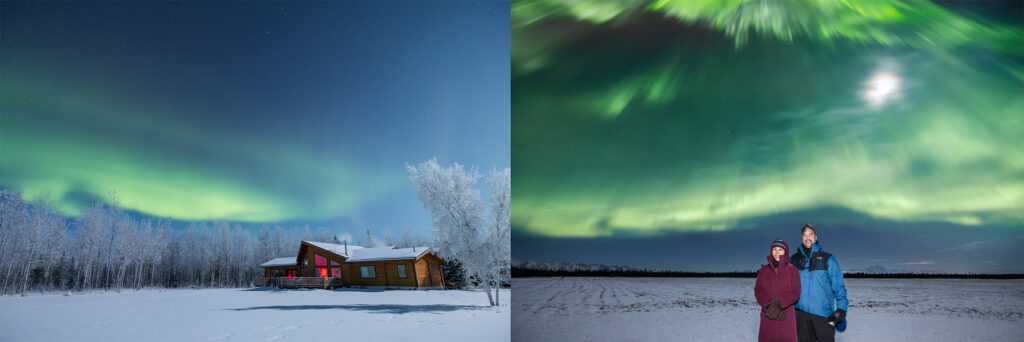 Split image comparing premium aurora tour options, left shows cozy wooden lodge with warm glowing windows and frost-covered birch trees under green northern lights, right shows intimate couple viewing spectacular bright aurora display in open snowy field, both demonstrating quality tour experiences in Alaska winter