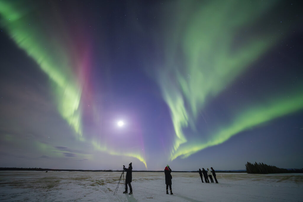 Small group experiencing the results of real-time northern lights forecast in Alaska, with green and magenta aurora bands radiating from a glowing moon over snow-covered Interior Alaska landscape.