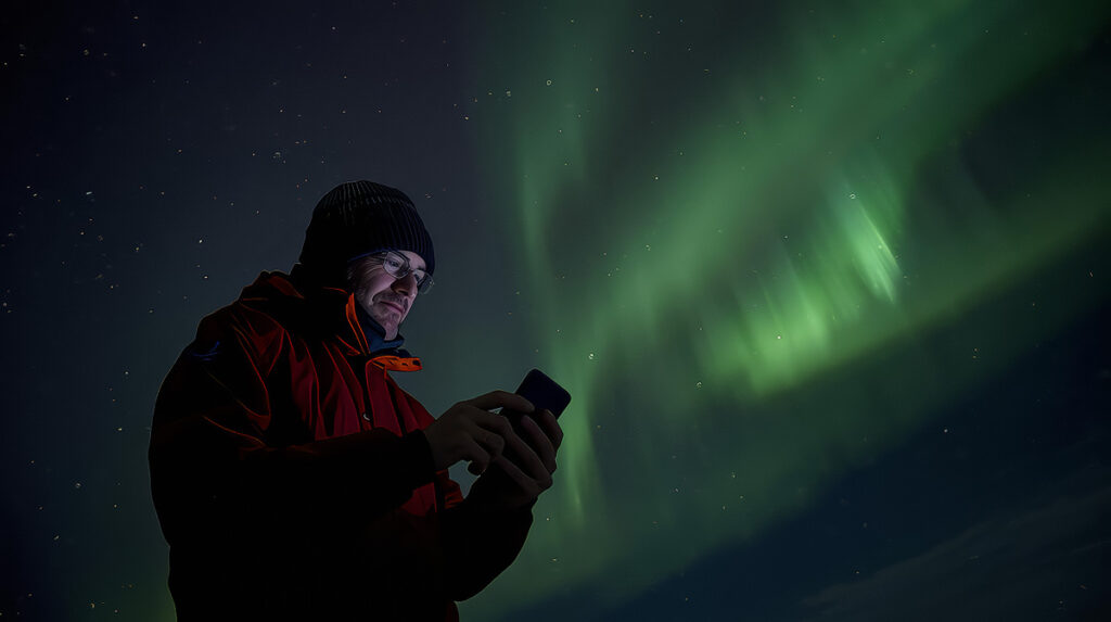 Alaska aurora guide checking northern lights forecast data in Fairbanks using real-time space weather monitoring
