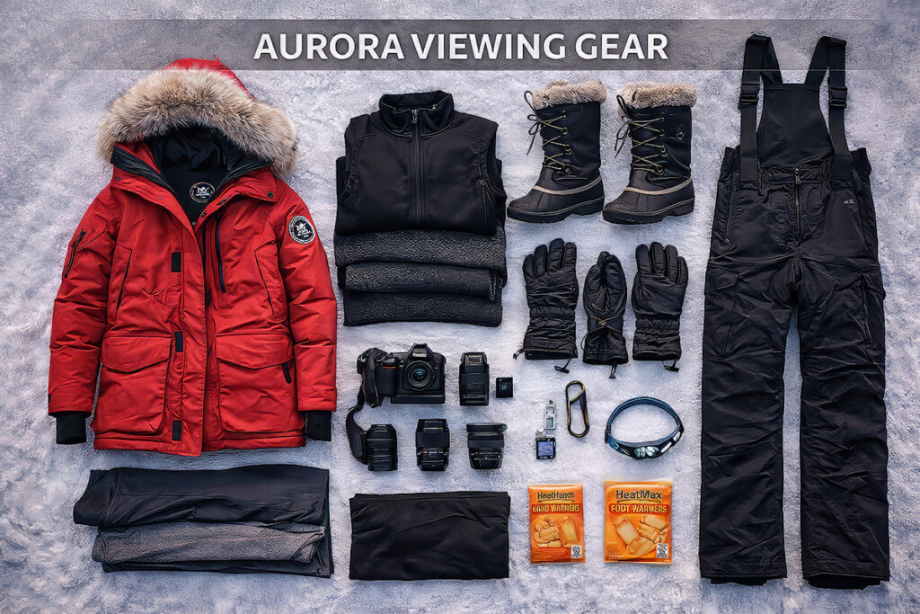 Essential cold weather gear for aurora viewing in Alaska including insulated boots, layered clothing, and hand warmers for sub-zero temperatures