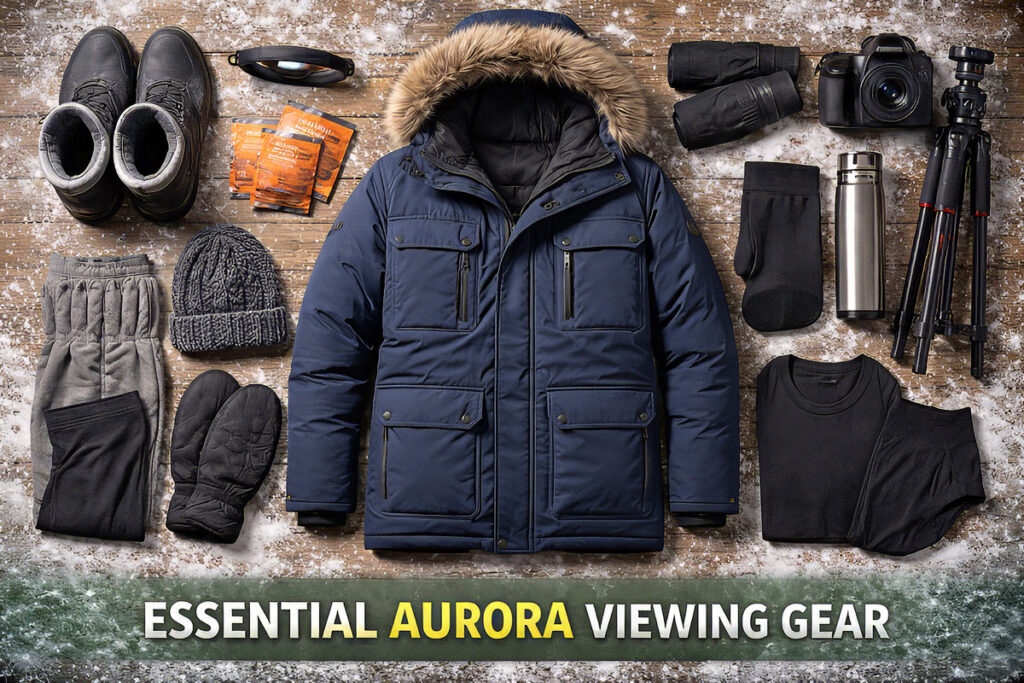 Essential cold weather gear for Fairbanks aurora viewing including thermal base layers insulated parka bunny boots mittens hand warmers neck gaiter and camera with tripod for your northern lights vacation