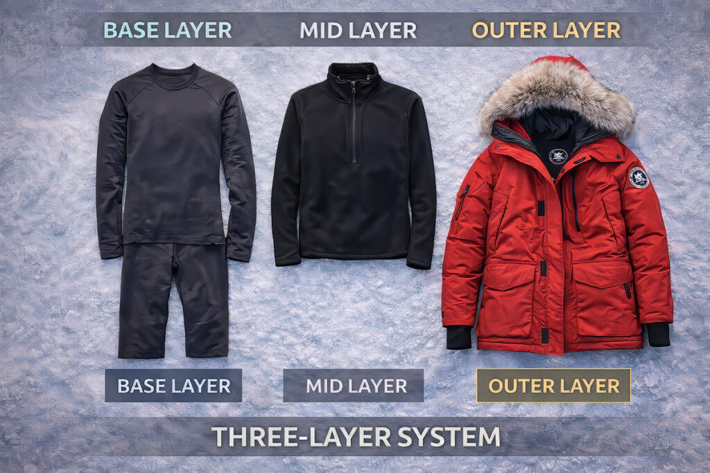 Cold weather layers Alaska – base layer, mid layer, and outer shell system for aurora viewing