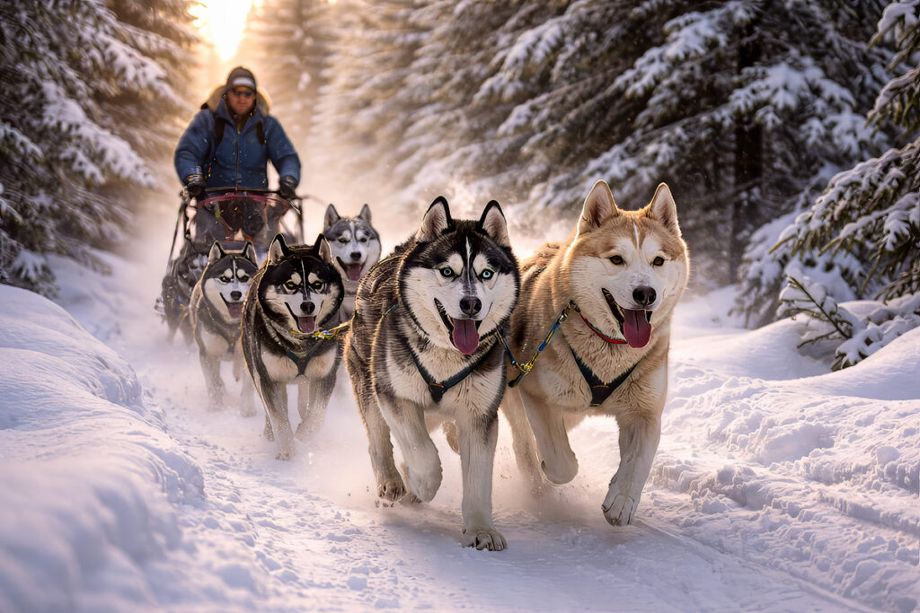 Dog sled team racing through snow-covered trails near Fairbanks Alaska showing the most popular daytime winter activity for aurora visitors and Alaska state sport