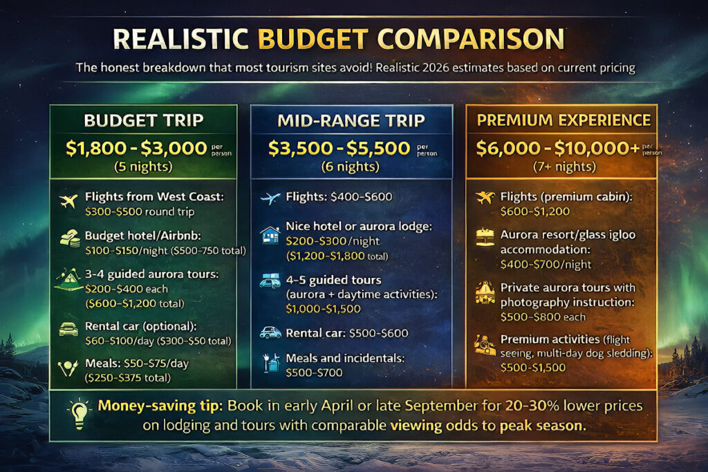 Cost comparison infographic for Fairbanks aurora trips showing Budget tier at 1800 to 3000 dollars Mid-range at 3500 to 5500 dollars and Premium at 6000 to 10000 plus dollars for northern lights vacation Alaska