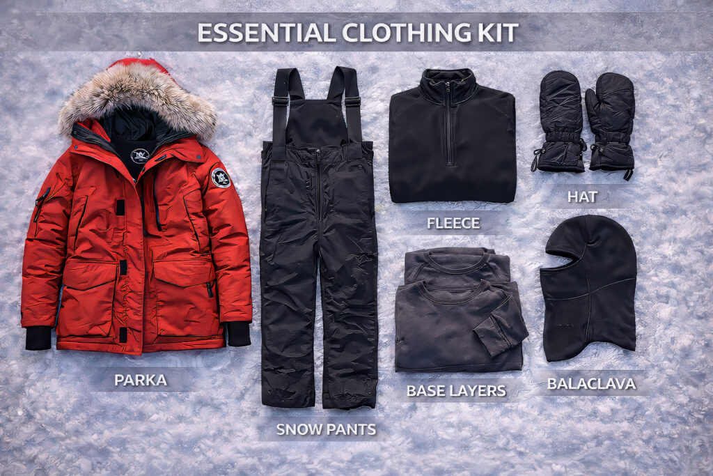 Fairbanks winter clothing essentials including insulated parka, snow pants, fleece layers, and cold weather accessories