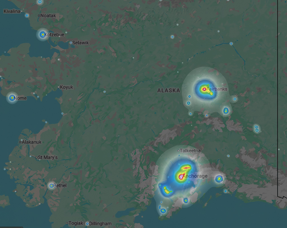 Light pollution aurora viewing comparison in Alaska showing the difference between city and dark sky locations tonight