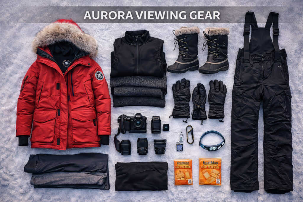 Complete northern lights packing list gear laid out for Alaska aurora viewing trip