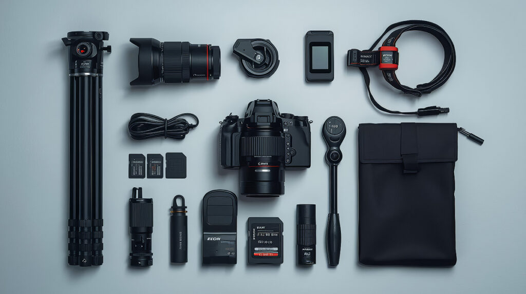 Northern lights photography gear flat-lay showing camera, wide-angle lens, tripod, extra batteries, memory cards, headlamp, and accessories for aurora shooting in Alaska