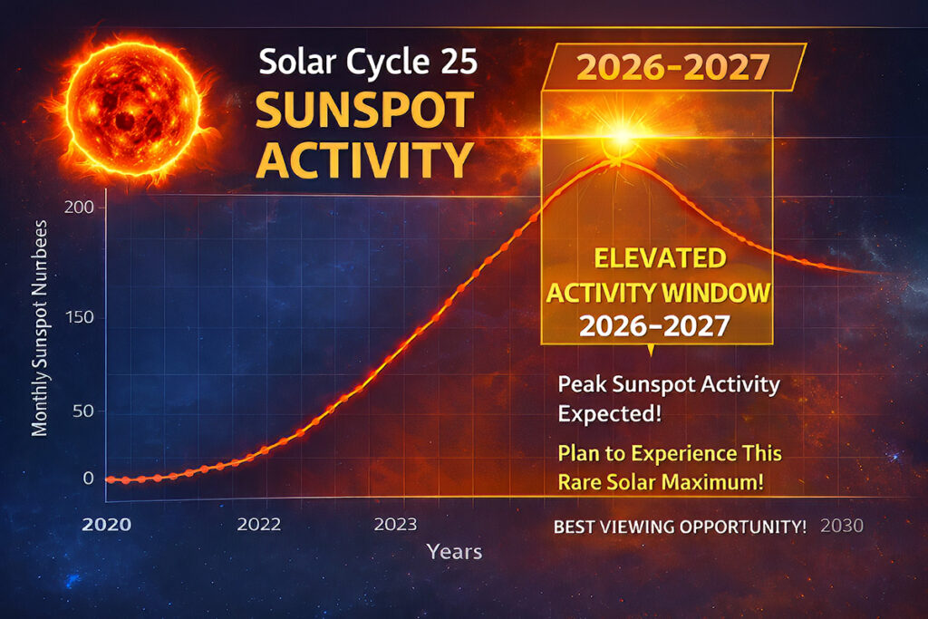 Graph showing Solar Cycle 25 sunspot activity with peak around 2024-2026 indicating why 2026-2027 offers exceptional aurora viewing conditions before activity decreases