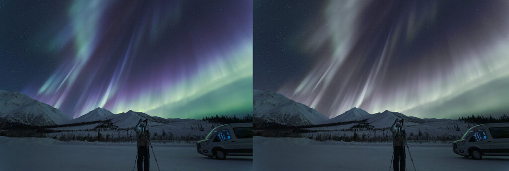 Aurora borealis camera vs naked eye — what you see the northern lights like through a long-exposure camera versus in real time, Fairbanks Alaska