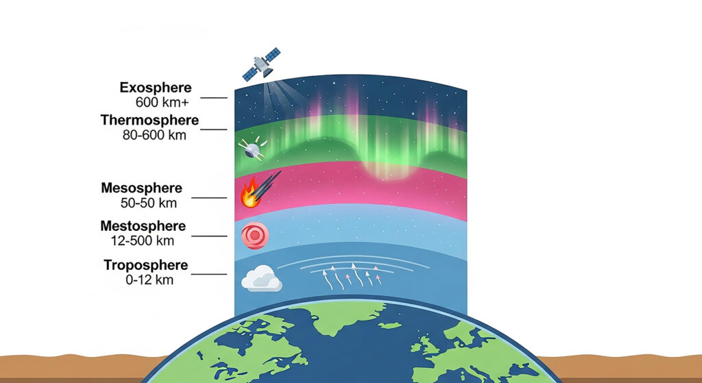 Aurora borealis colour altitude map over Fairbanks — different colours produced by different gases at different thermosphere altitudes, from green at 100–150km to red above 200km