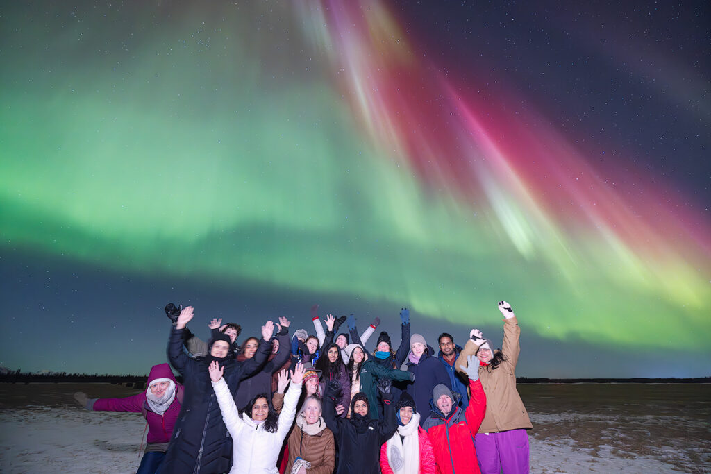 Colors of the northern lights displayed overhead from Fairbanks Alaska — positioned directly beneath the auroral oval at 64.8 degrees north, Fairbanks offers a three-dimensional view of every aurora colour layer simultaneously