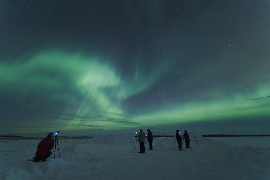 Green auroras over Fairbanks Alaska — oxygen atoms at 100 to 150 kilometres emit the 557.7 nanometre green colour that makes up most northern lights displays