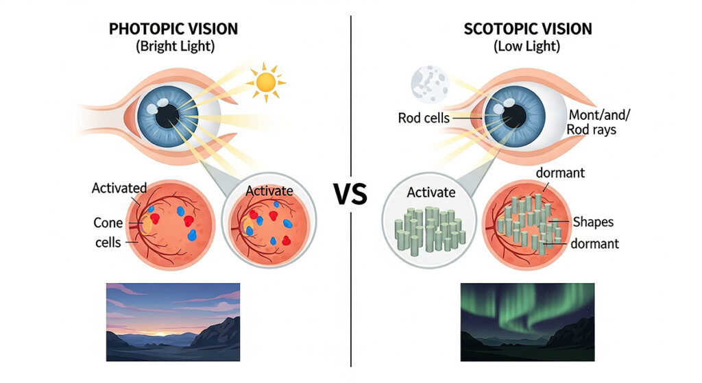 Scotopic vision vs camera sensor — why northern lights look different in photos than real life, low light conditions limiting human eye colour perception